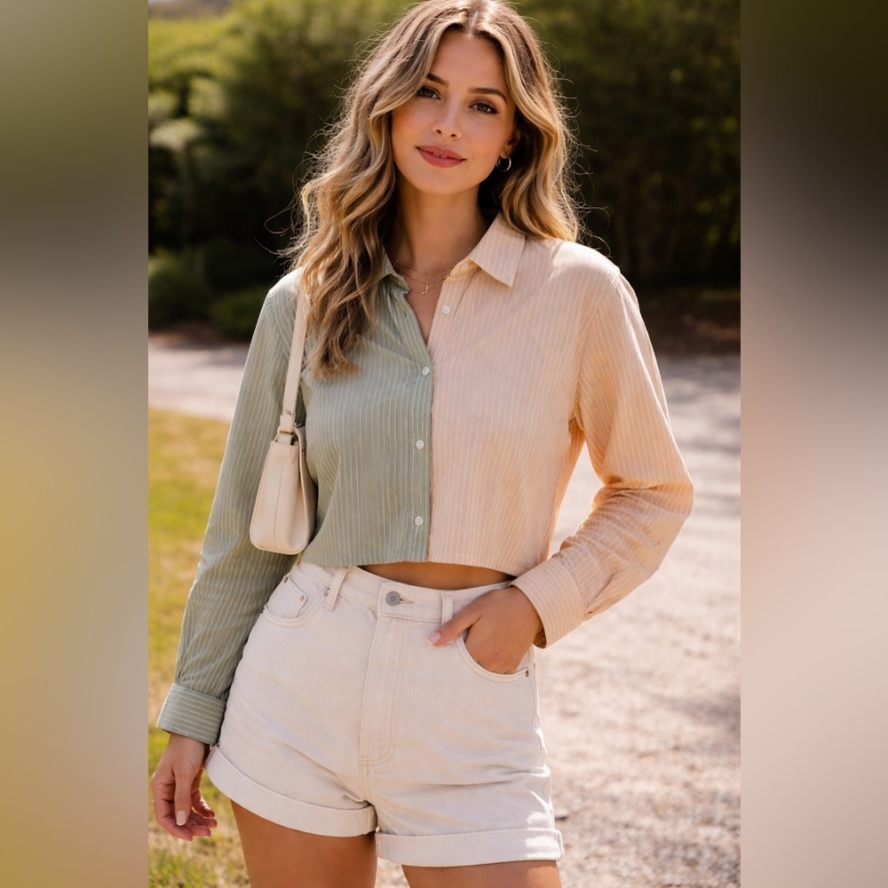Vanilla Star Two-Tone Striped Cropped Button-Down Shirt in Green & Beige 0094